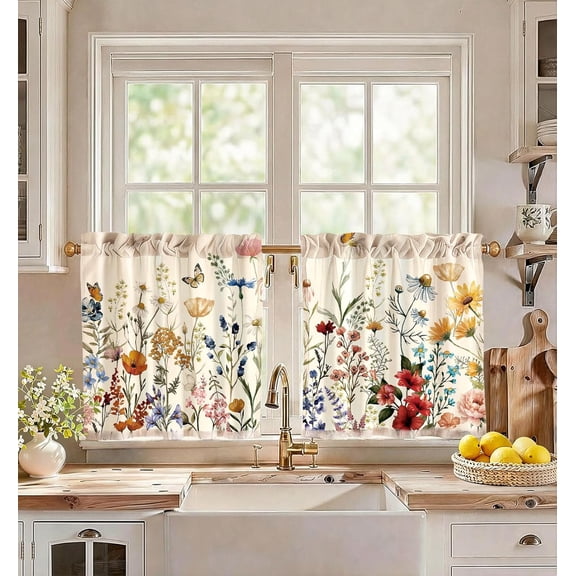 Floral Kitchen Curtains - 24 Inch Length Linen Blend Vintage Kitchen Window Tier Curtains Spring Cafe Drapes Rod Pocket for Windows Light Filtering, 2 Panels