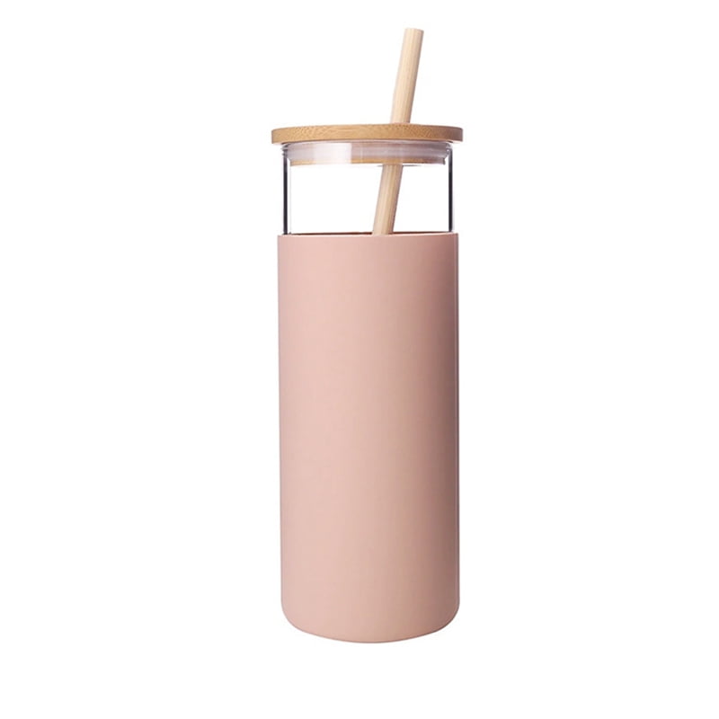 Wobekuy 17Oz Glass Tumbler Portable Glass Water Bottle Straw Silicone Protective Sleeve Bamboo Lid-Pink 
