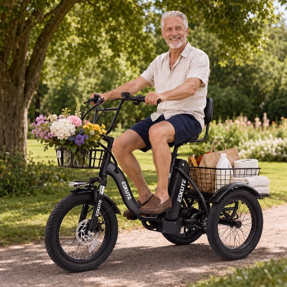 ESKUTE E Trike Electric Tricycle for Adults, 750W Brushless Motor, 18MPH Fat Tire Folding 3-Wheel E-Bike, Step-Thru Design, Up to 55 Miles, Black