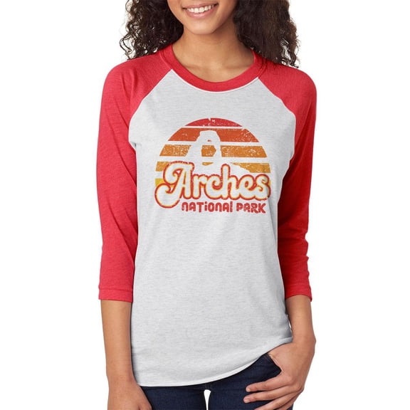 National Park Retro 70s Sunset Arches Unisex Raglan T Shirt White-Red X-LG