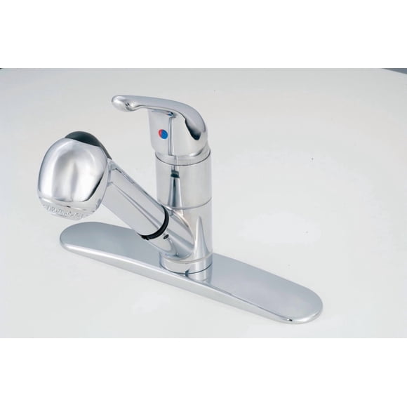 American Brass Faucet SL1000 Used For Kitchen; Single Piece 8 Inch Deck Mount; Pull-Out Spout; Single Lever Handle; Chrome Plated; 1/2 Inch NPT; 1 Hole Application
