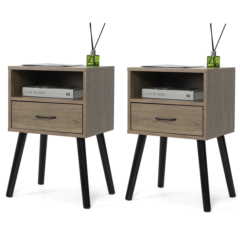 Kadyn Set of 2 Wood Nightstand for College Dorm, Side Table End Table with Shelf and Drawer for Bedroom, Gray Brown Kadyn Set of 2 Wood Nightstand for College Dorm, Side Table End Table with Shelf and Drawer for Bedroom, Gray Brown