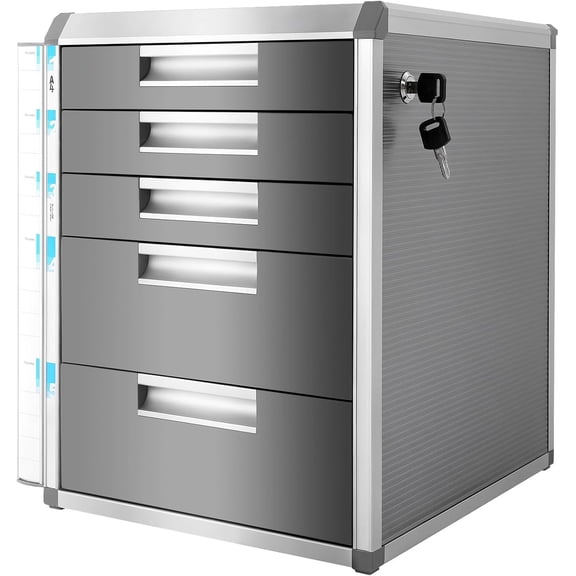 Desk Organizer with 5 Drawers, Metal Desktop Storage Cabinet File Holder with Locks and Keys, Filing Case Literature Organizer for Office Home, L12.4*D13.8*H16in, Silver & Grey