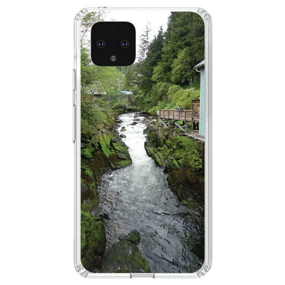 DistinctInk Clear Shockproof Hybrid Case for Google Pixel 4 XL (6.3" Screen) - TPU Bumper, Acrylic Back, Tempered Glass Screen Protector - Ketchikan Alaska Stream