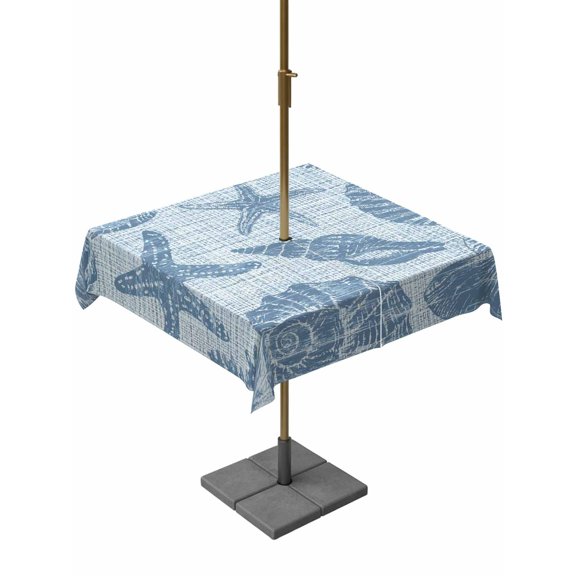 Outdoor Tablecloth with Umbrella Hole for Patio/Picnic/Party/Camping, Blue Coastal Waterproof Table Cloth Square Cover Washable, Vintage Starfish Shell Summer Tropical (54"x 54")