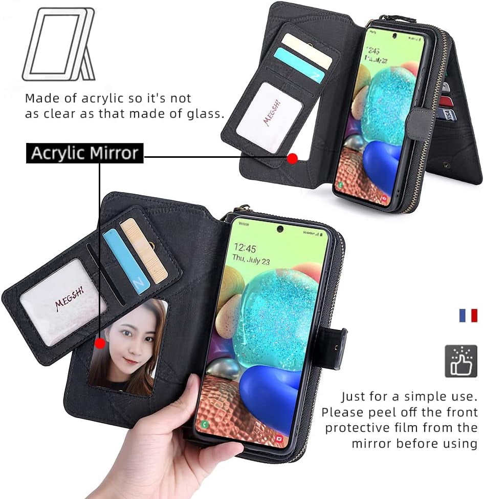 Phone Case for Samsung Galaxy A71 5G Zipper Wallet Detachable Cover with Screen Protector and Leather Flip Mirror Card Holder Slot Cell Accessories Mobile A 71 G5 71A S71 SM Women Men Black