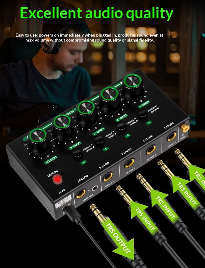 4 Channel Audio Mixer Bluetooth, Small Sound Board Console with 48V Phantom Power, USB Interface for Recording Guitar Podcast Live Streaming, Portable Stereo Mixer(wwx)