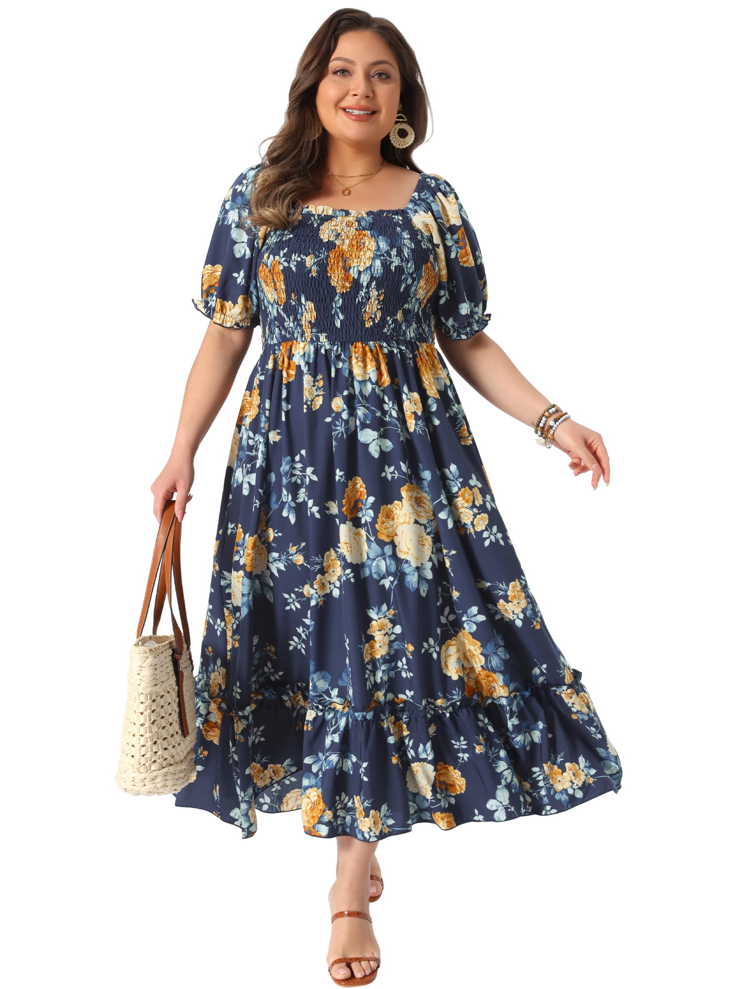 DARING DIVA Women's Plus Size Short Sleeve Square Neck Maxi Floral Dress 4X Navy Blue