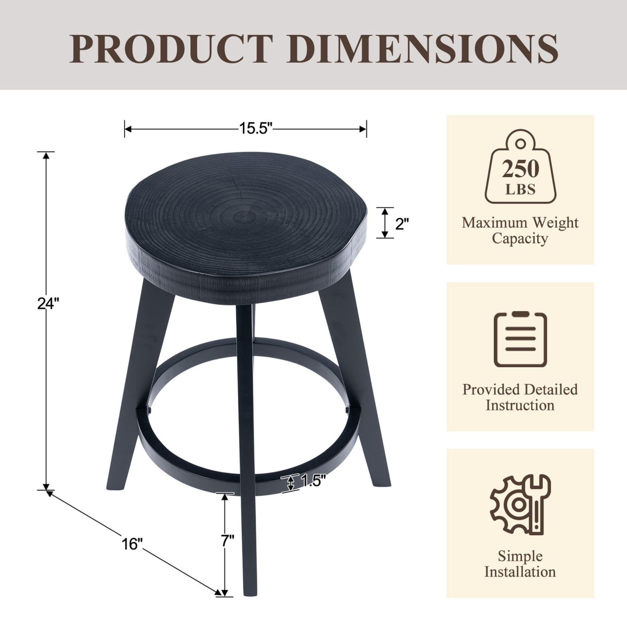 Dayalane 24" Backless Bar Stools Set of 4, Rustic Farmhouse Counter Height Stool with Live Edge Tree Ring Seat, Wooden Barstools for Kitchen Island Bistro Bar and Home Dining，Black