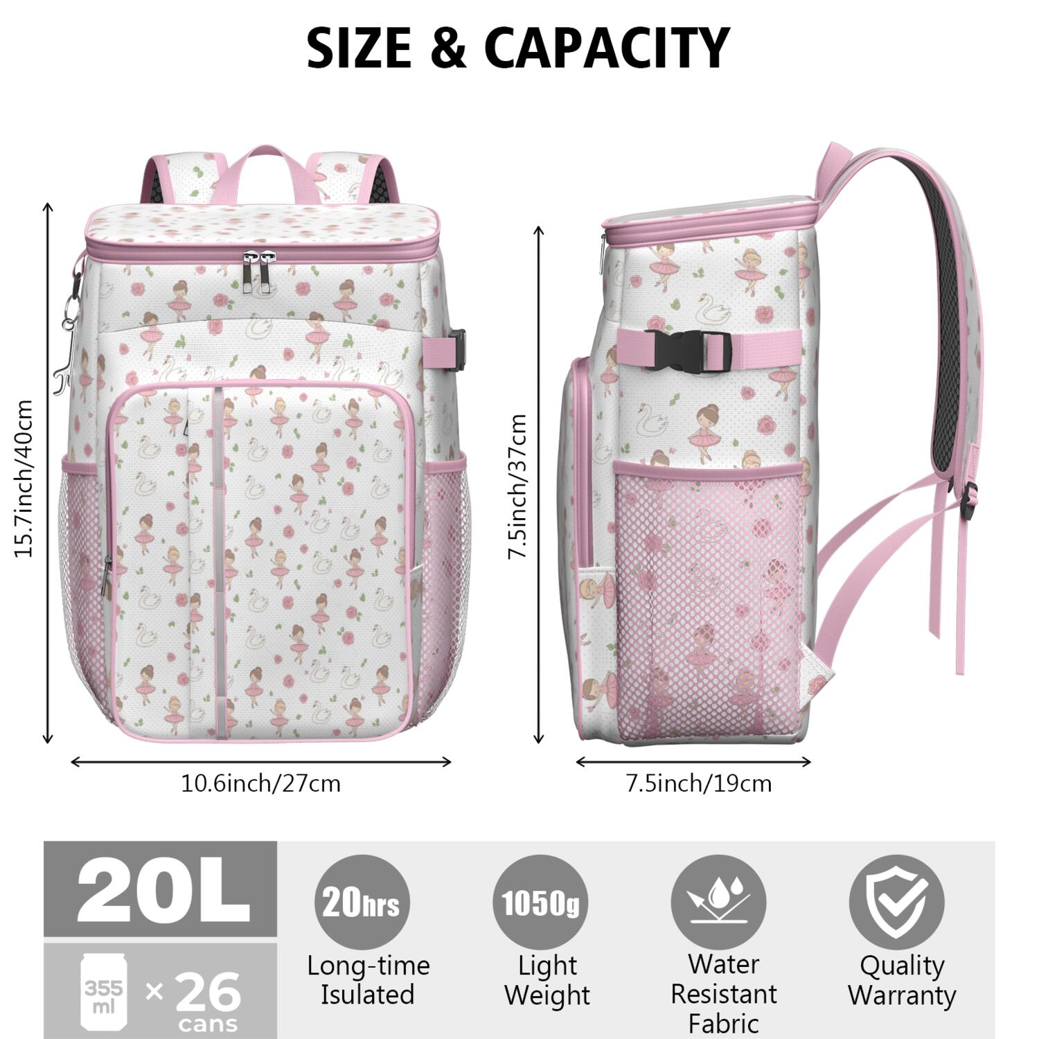 Travel Cooler Bag - White Ballerina Swan Pattern Camping Beer Cooler Backpack with Bottle Opener- Waterproof Insulated Picnic Backpacks - Cooler Bag for Beach
