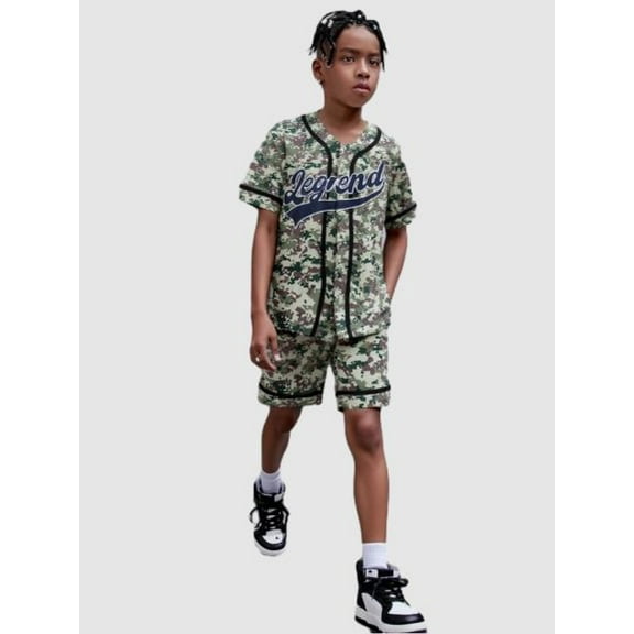 Boys' Casual Baseball Outfit - "Legend" Camouflage Letter Print Short Sleeve Placket Shirt & Shorts Set 2Pcs Summer Clothes For 7-15Y Kids