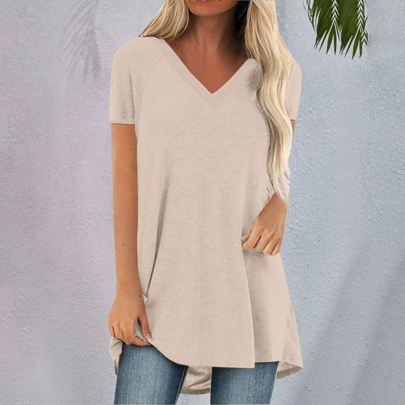 Sweet Home Farm V Neck T Shirts for Women Summer Tops Plus Size Short Sleeve High Casual Tunic To Wear With Leggings Short Sleeve Shirts for Women Beige