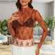 thumbnail image 4 of Top Corto De Malla Estampado de encaje Playa Cubrir Manga larga Mujeres Slim Fit Traje diario (Marrón M) Ygjytge para Mujer Marrón T S, 4 of 6