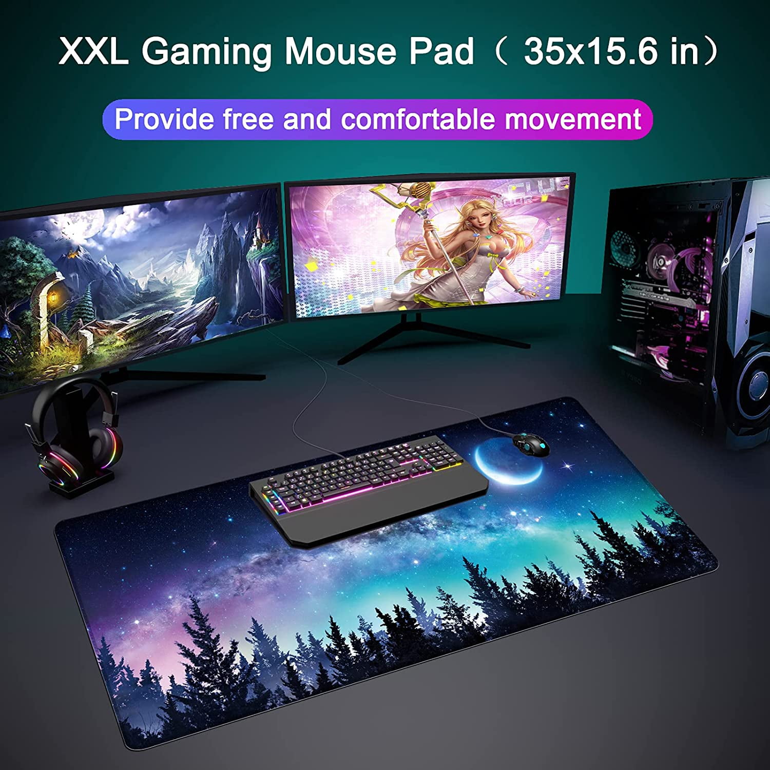 Desk Mat,Large Mouse Pad 35''×15.6'' XXL Extended Gaming Mouse Pad Mat with Non-Slip Base Stitched Eges Mousepad for Computer,Office,Keyboard and Laptop - Forest Moon