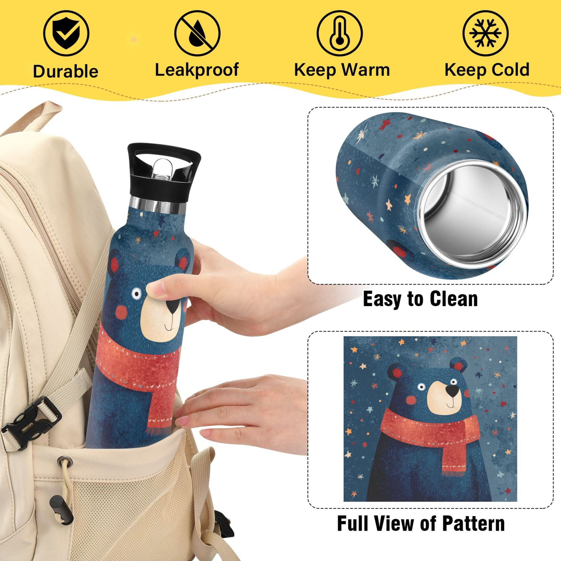 600ML Stainless Steel Insulated Cup Sports Water Bottle Portable Thermos Cup Water Glasses Insulated Tumblers Convenient and Durable Cartoon Christmas Blue Bear