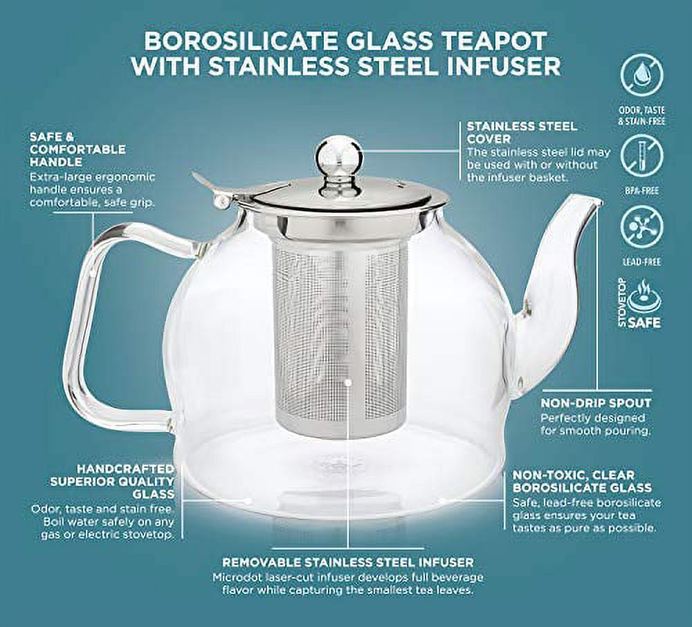 Teabloom Dublin Glass Teapot – Fine Borosilicate Glass – Stovetop and Microwave Safe – Removable Stainless Infuser – Ideal for Loose Leaf Tea –