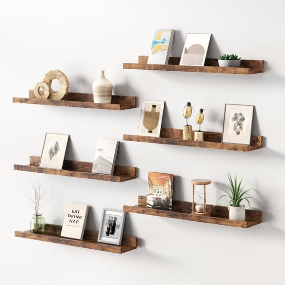 6-Pack Floating Shelves for Wall, 24 Inch Long Modern Wood Shelves for Living Room, Bedroom, Bathroom & Kitchen Decor, Easy Installation Wall Mounted Storage Display Shelves