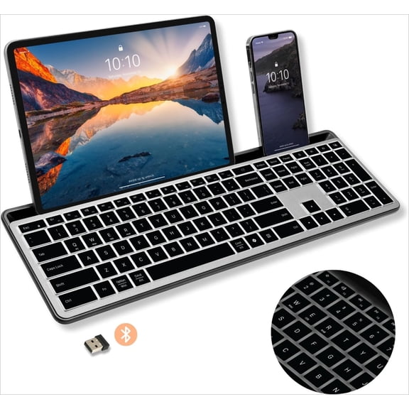 Full Size Bluetooth Keyboard with Phone Holder - Backlit Wireless Keyboard, Switch Multi Device, Quiet, Slim, Rechargeable,  Gray