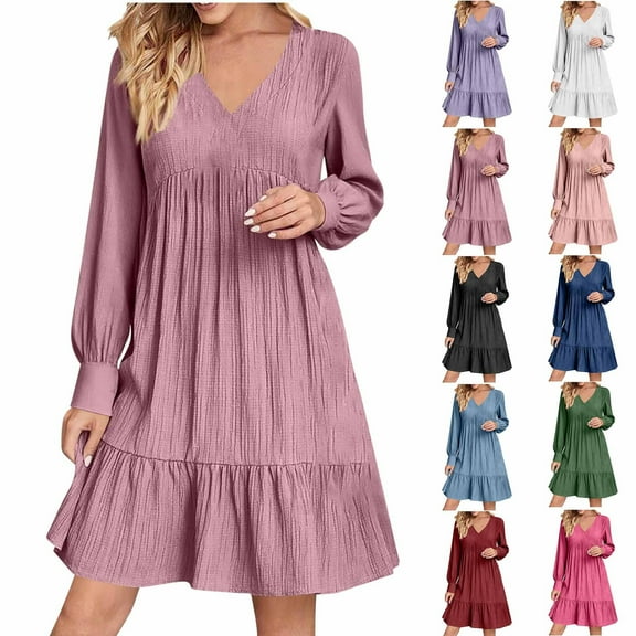 Bovxnpu Long Sleeve Dress for Women Fall Dresses, Women Long Sleeve Dress Plus Size Dresses V Neck Loose Wrinkled Casual High Waisted Long Sleeve Dress for Women Spring Fall Outfits
