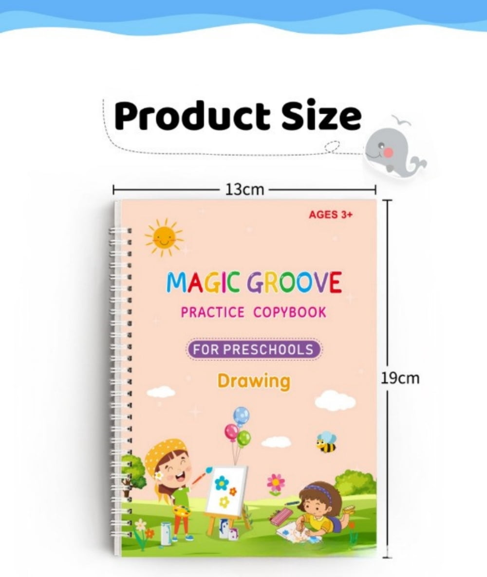 4 Pack Groove Learning Books, Trianu Magic Writting Practice Copybook, Reusable Grooved Handwriting Workbooks, Writing Book for Age 3-5 Calligraphy, Christmas Gift