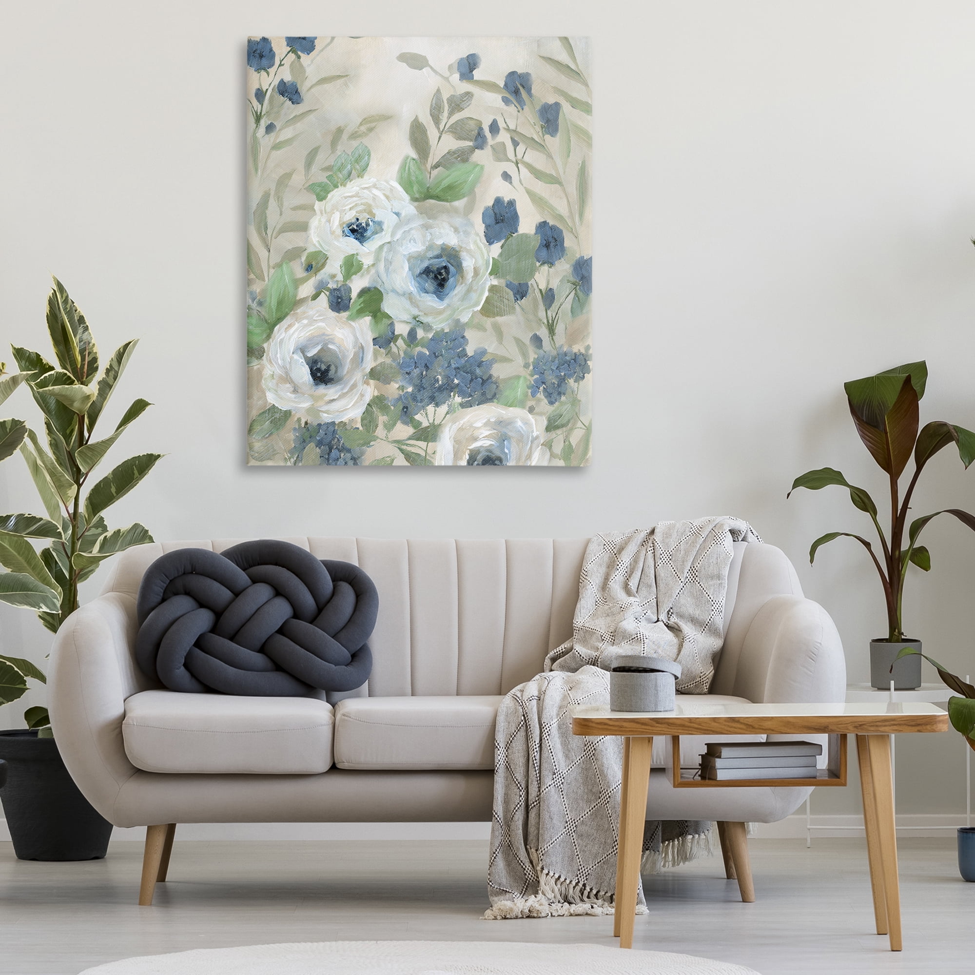 Stupell Industries Muted Blue & White Blossoms Floral Painting Wrapped Canvas Canvas Art Print Wall Art, 36 x 48