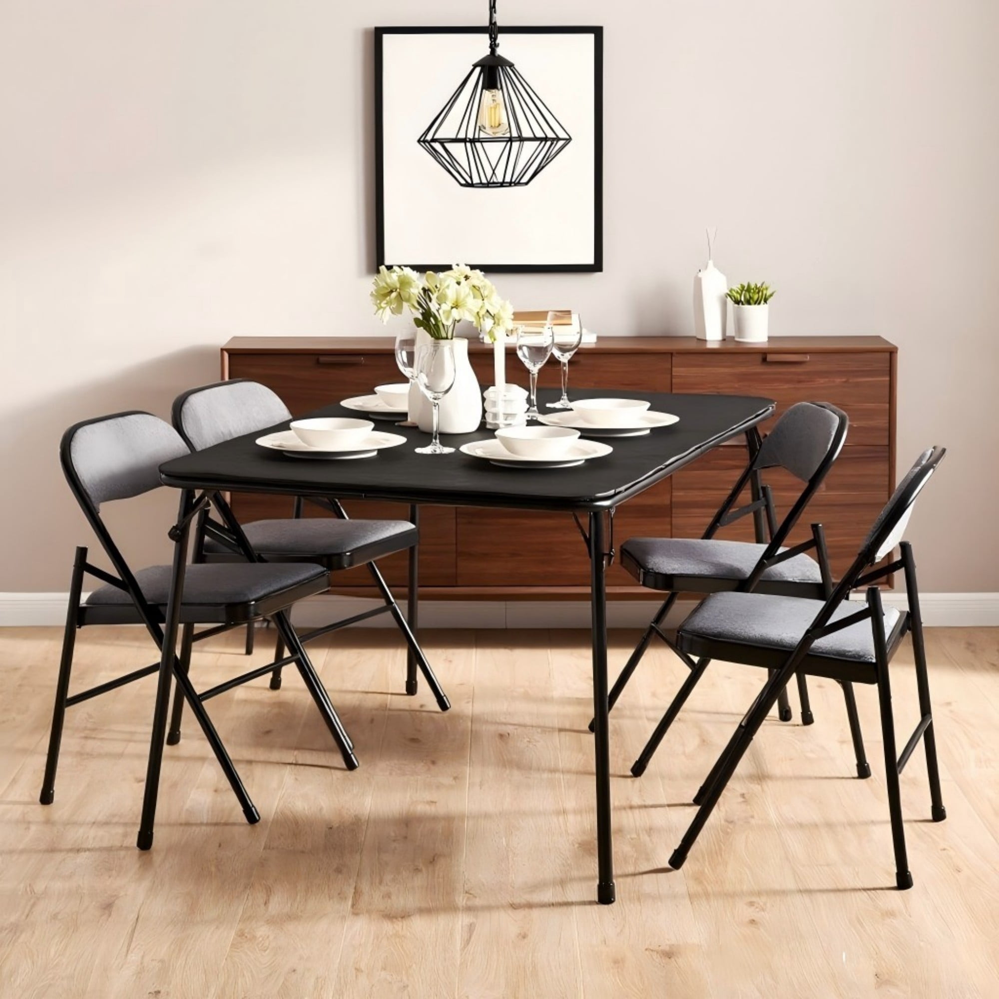 BSHTI 34" Square Folding Table – No Assembly Portable Card Table, PVC Top with Metal Frame, Indoor Outdoor Use for Dining Room, Living Room, Office & Camping, Black