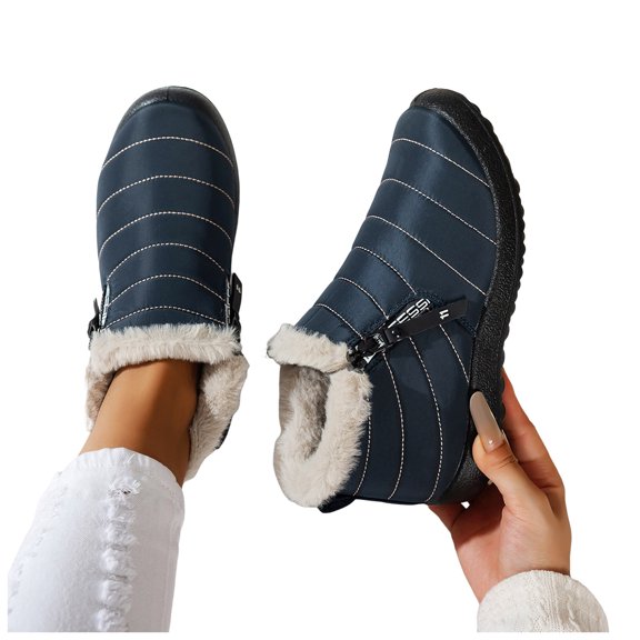 Womens Winter Boots Comfy Soft Sole Furry Lined Slip on Ankle Snow Booties Casual Warm Lightweight Waterproof Short Boots Blue Size 9.5