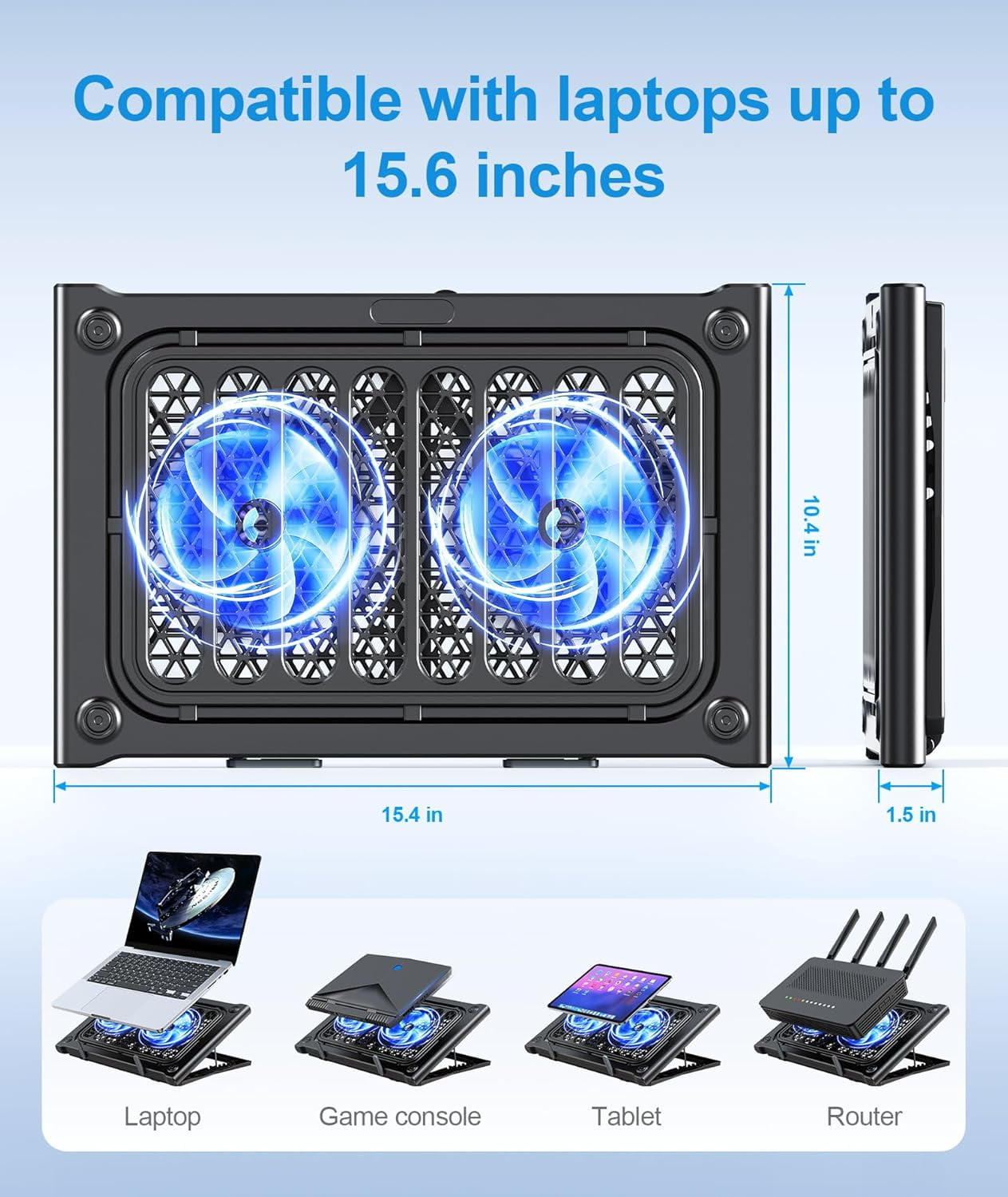 Laptop Cooling Pad Stand, Cooler with 2 Silent Fans for 10-15.6 Inch Laptops,6 Levels of Height Adjustable Wind Speed USB Ports (Black)