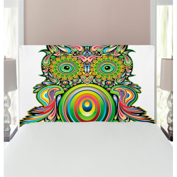 Owl Headboard, Ornate Colorful Owl Elements Eye Feather of Universe Psychedelic Art, Upholstered Decorative Metal Bed Headboard with Memory Foam, Twin Size, Multicolor, by Ambesonne