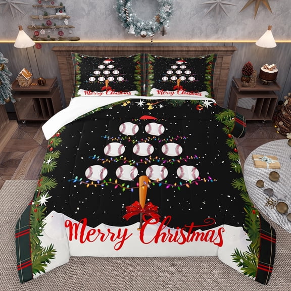 Homewish Baseball Xmas Tree Bedding Comforter Set, Dreamy Winter Festival Twin Comforter Sets, Merry Christmas Bedding Set, Super Cozy Room Decor, 2-Piece