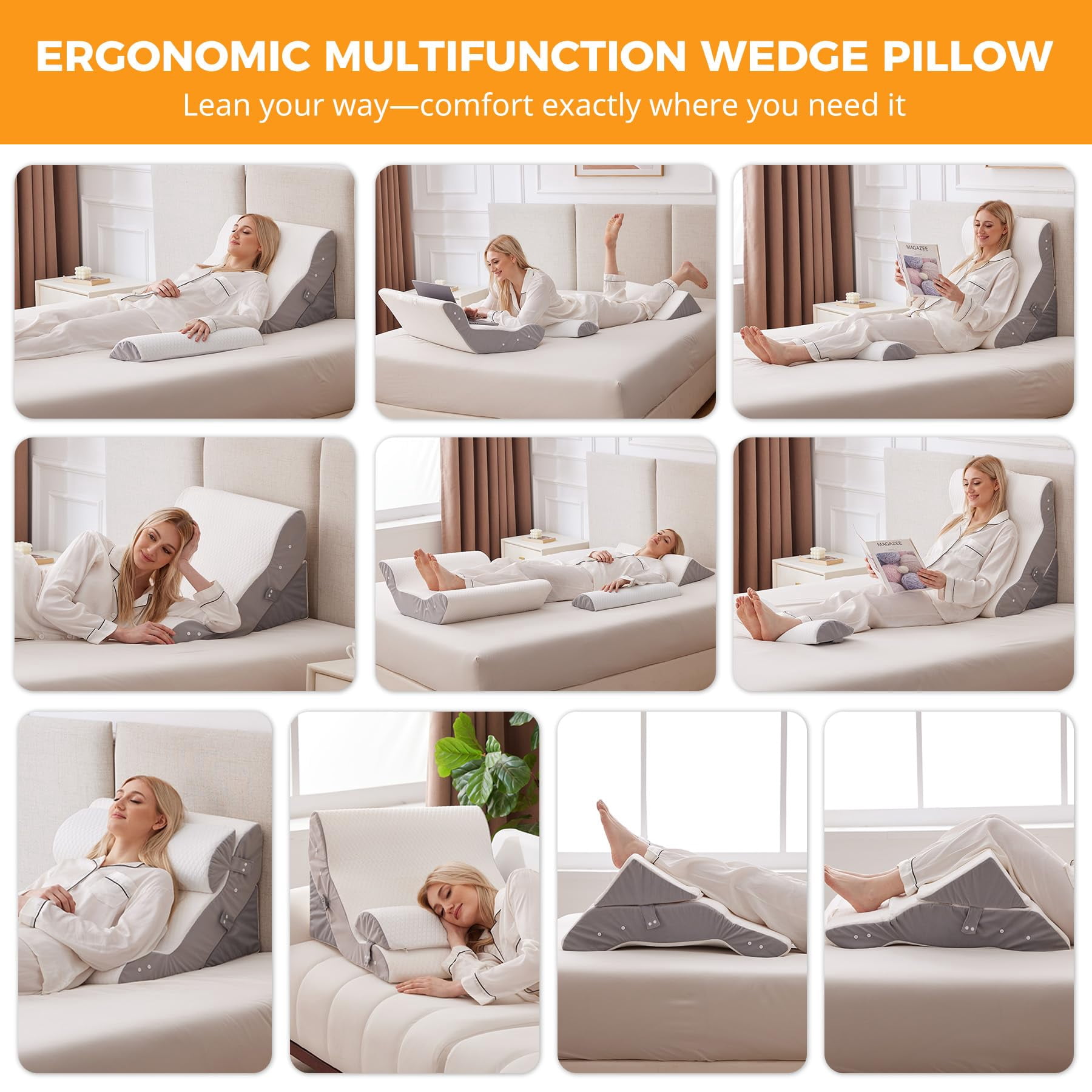 3pcs Wedge Pillow Set For After  Adjustable Bed Sitting Up Acid Reflux Headboard Sleeping & White