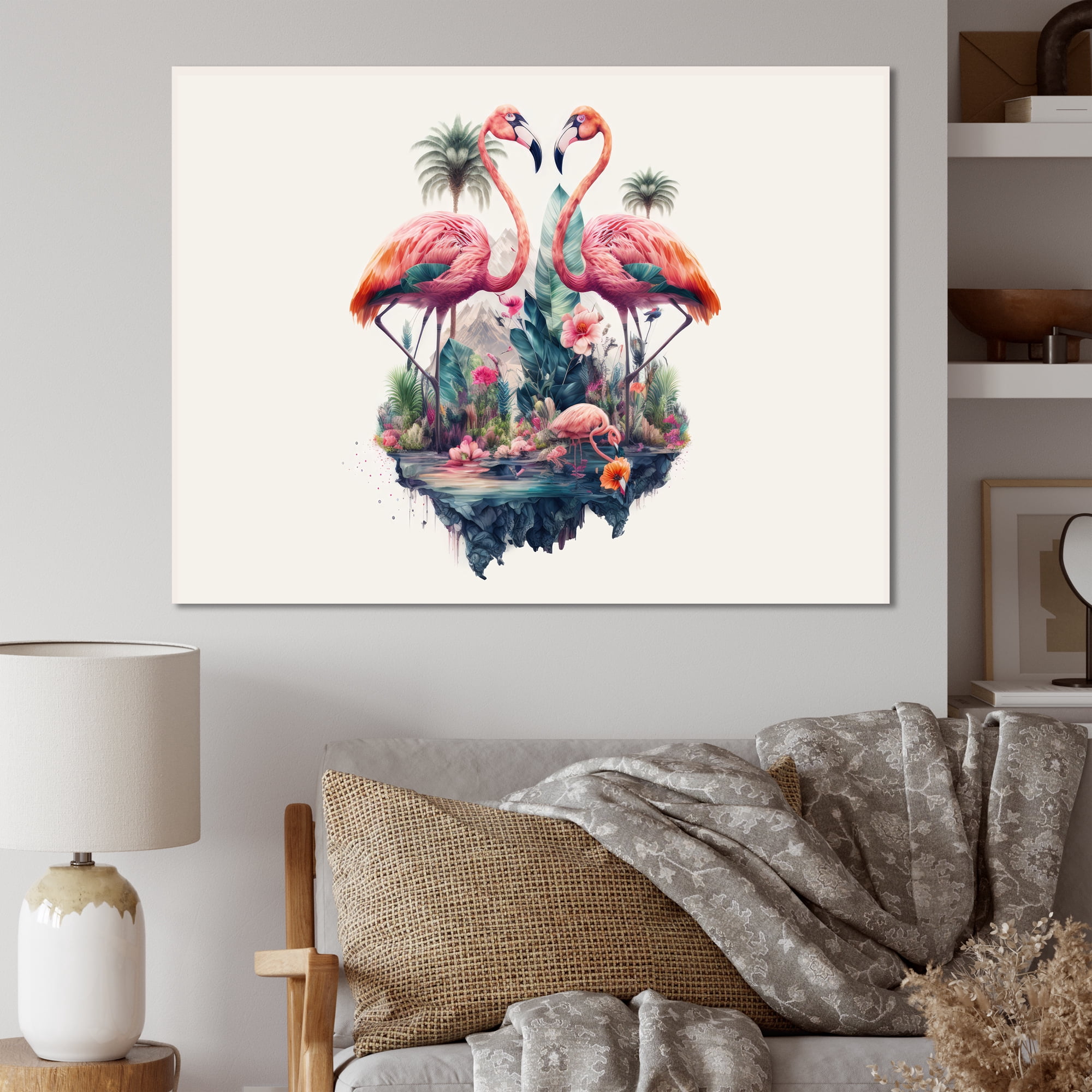 Designart Double Exposure Of A Flamingos With Nature Canvas Wall Art