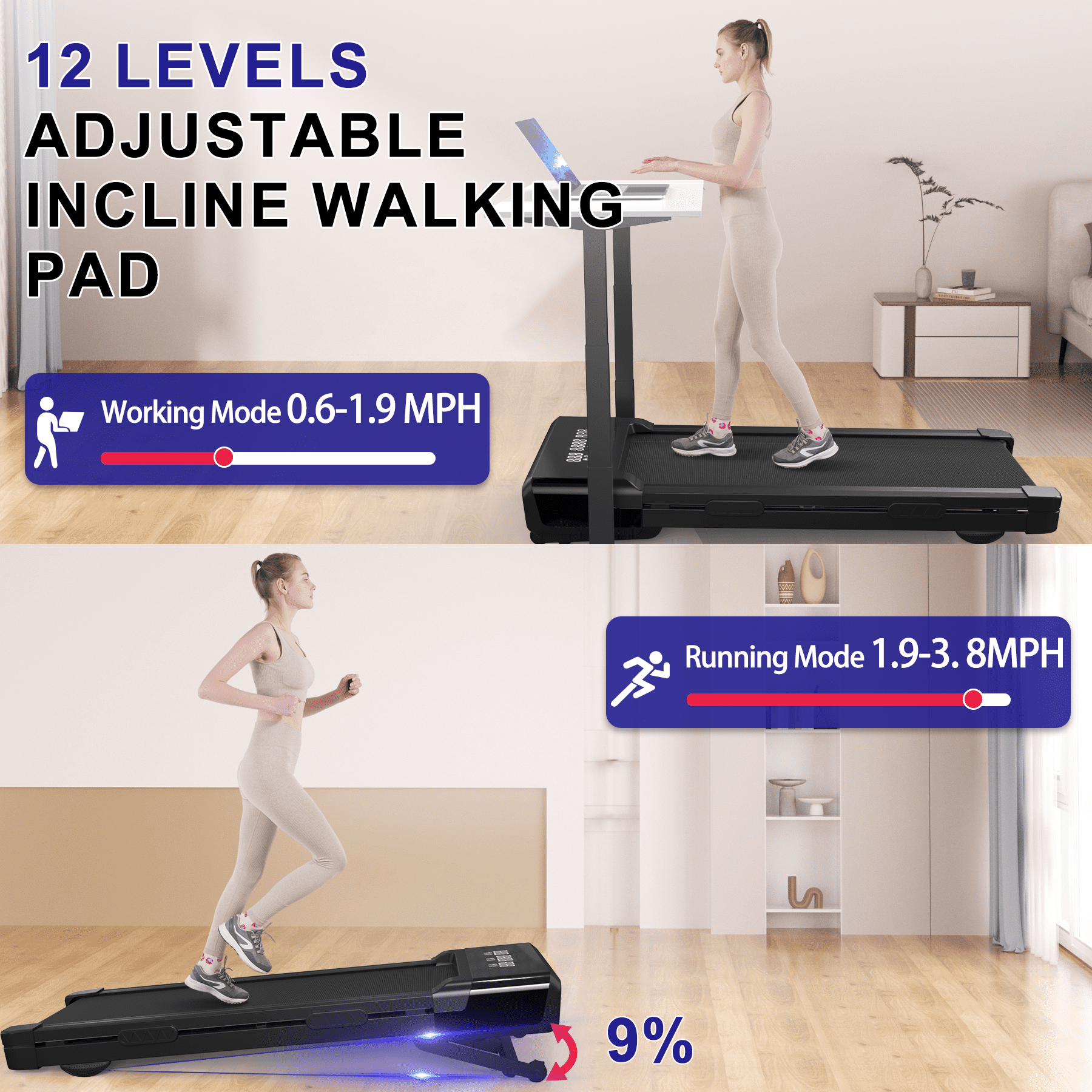 Walking Pad with Auto Incline for Home Office, Under Desk Treadmill with Double Shock Absorption, Walking Treadmill Pad with Smart APP & Remote Control, 300lbs Weight Capacity