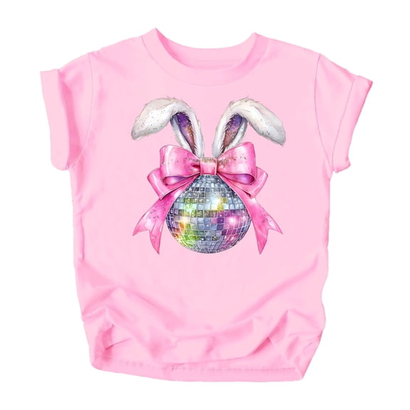 Disco Bunny Easter Shirt for Girls Fluffy Rabbit Ears and Pink Coquette Bow Graphic Tee Pink Shirt 18 Months