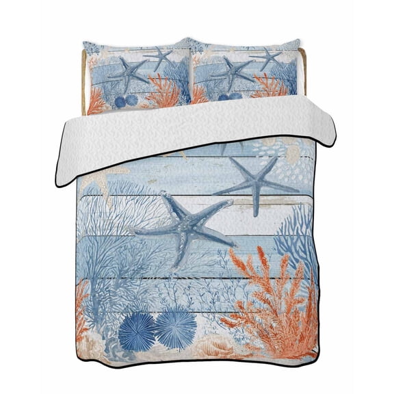 Quilts Full Size Bedding Set, Navy Blue Coastal Lightweight Quilted Comforter, Starfish Coral Summer Nautical Wooden Soft Reversible Bedspread Coverlet with Pillow Covers for All Season, 78" x 90"