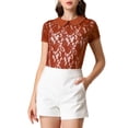 thumbnail image 6 of MODA NOVA Junior's Contrast Doll Collar Short Sleeve Tops Sheer Lace Top Red S, 6 of 6