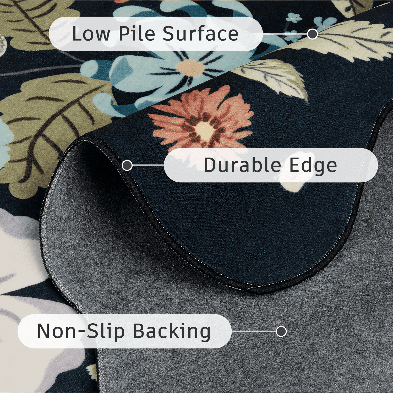 2x6 Runner Rug, Washable, Non-Slip, Stain-Resistant Low-Pile Vintage Floral Scalloped Rug for Kitchen, Entryway, Passage, -Black