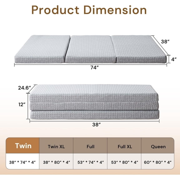 Foldable Mattress, 4 Inch Memory Foam Guest Floor Mat, Tri Folding Portable Mattress for Kids and Adults, Washable Cover, Non-Slip Design, Twin Grey