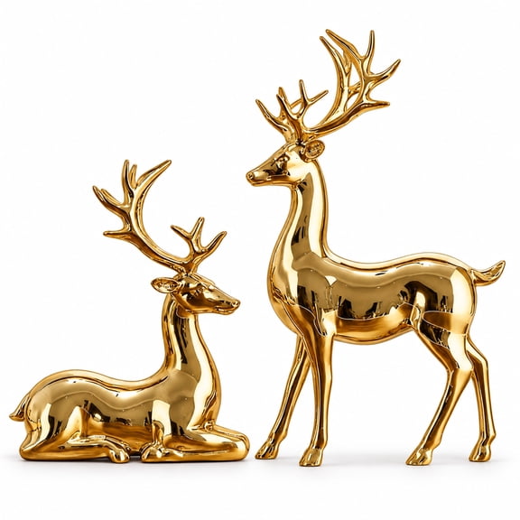 Gold Reindeer Christmas Table Decoration Sitting and Standing, Modern Elk Sculpture, Reindeer Figurines, Deer Sculpture, Exquisite Warm Home Decoration for Living Room Table Fireplace