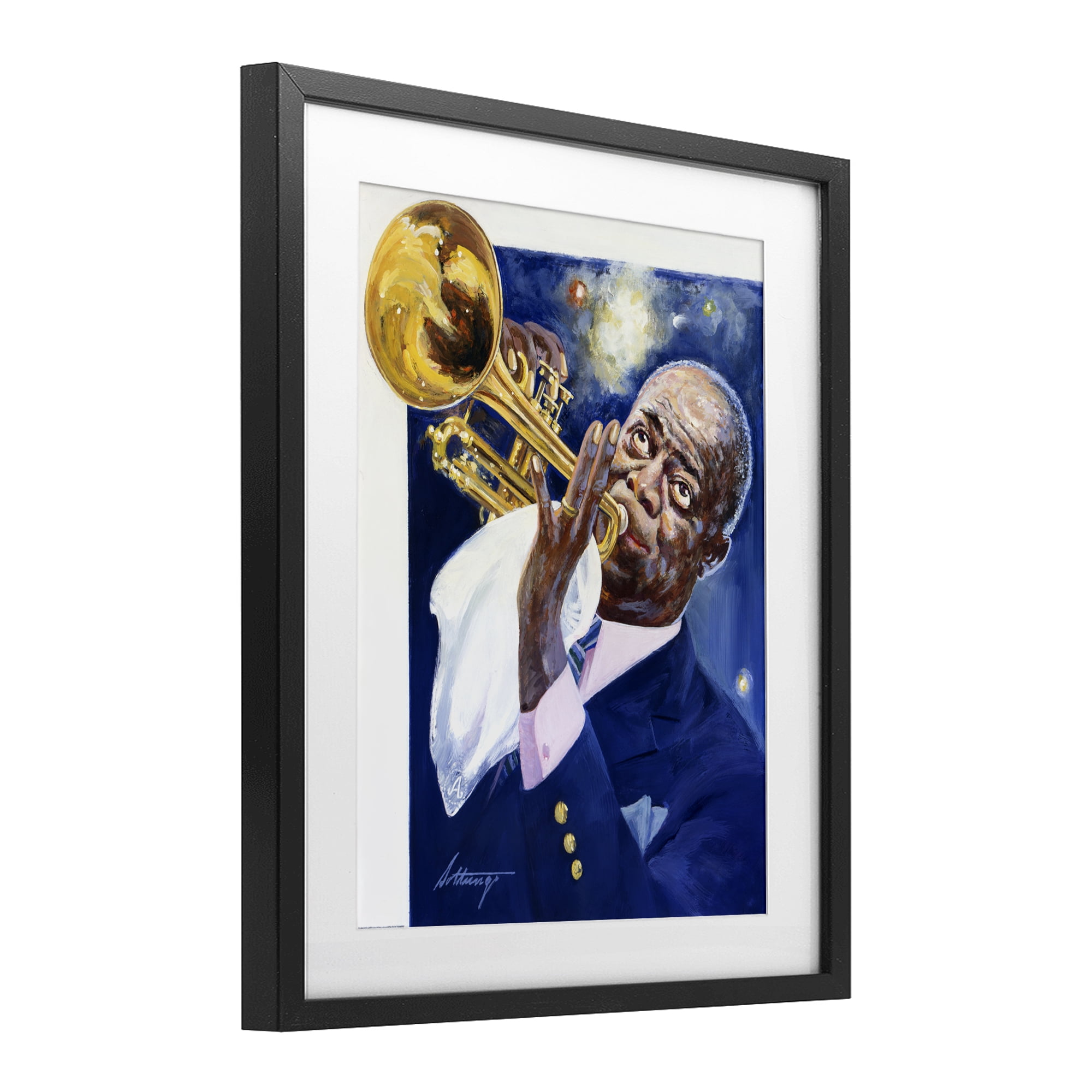 Louis Armstrong Portrait Black Framed Print Under Glass, design by Wind River Studios