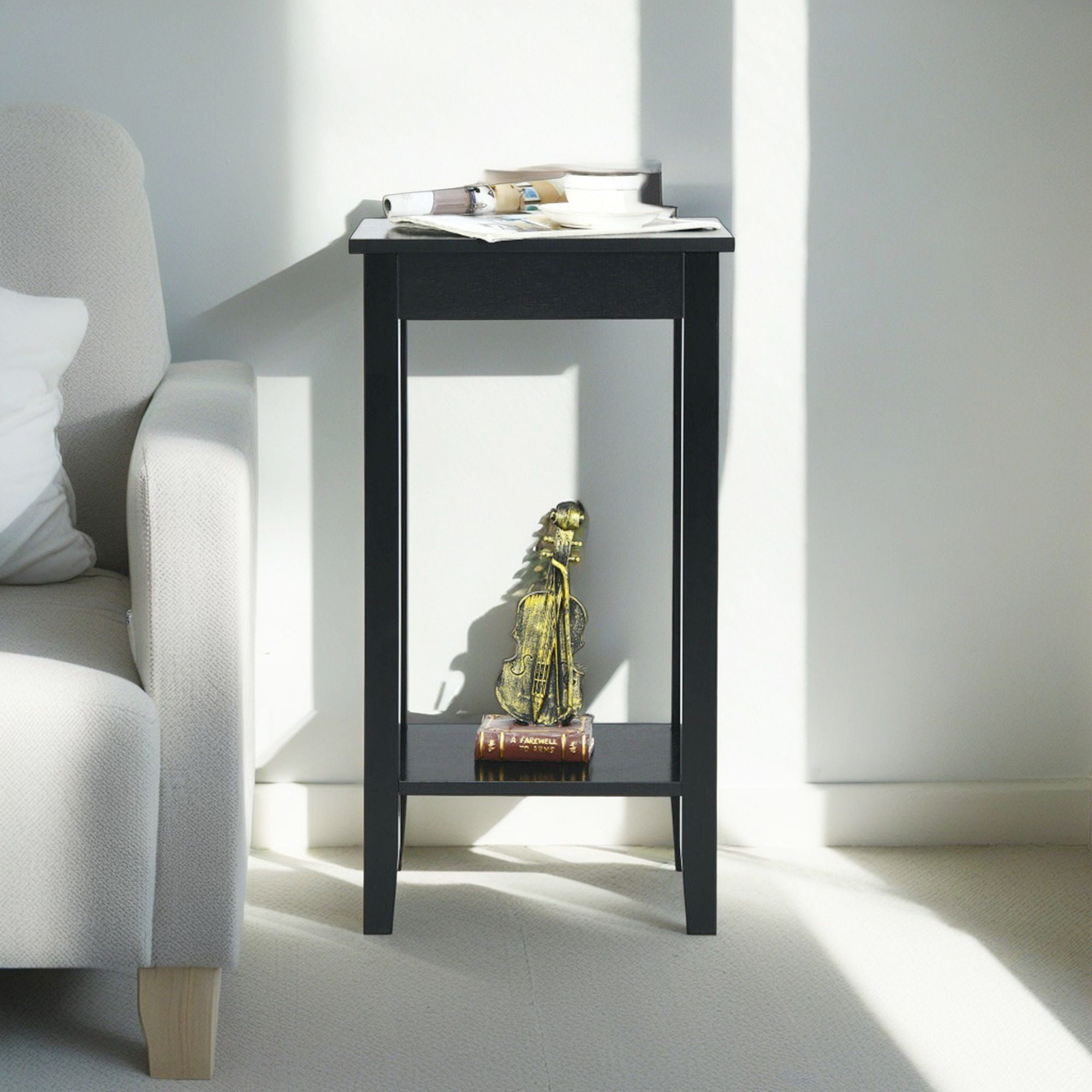 Demi Bonn End Side Table, Bed and Sofa Side Table, 2-Tier Nightstand End Side Wooden Legs Table, for Living Room, Bedroom, Black