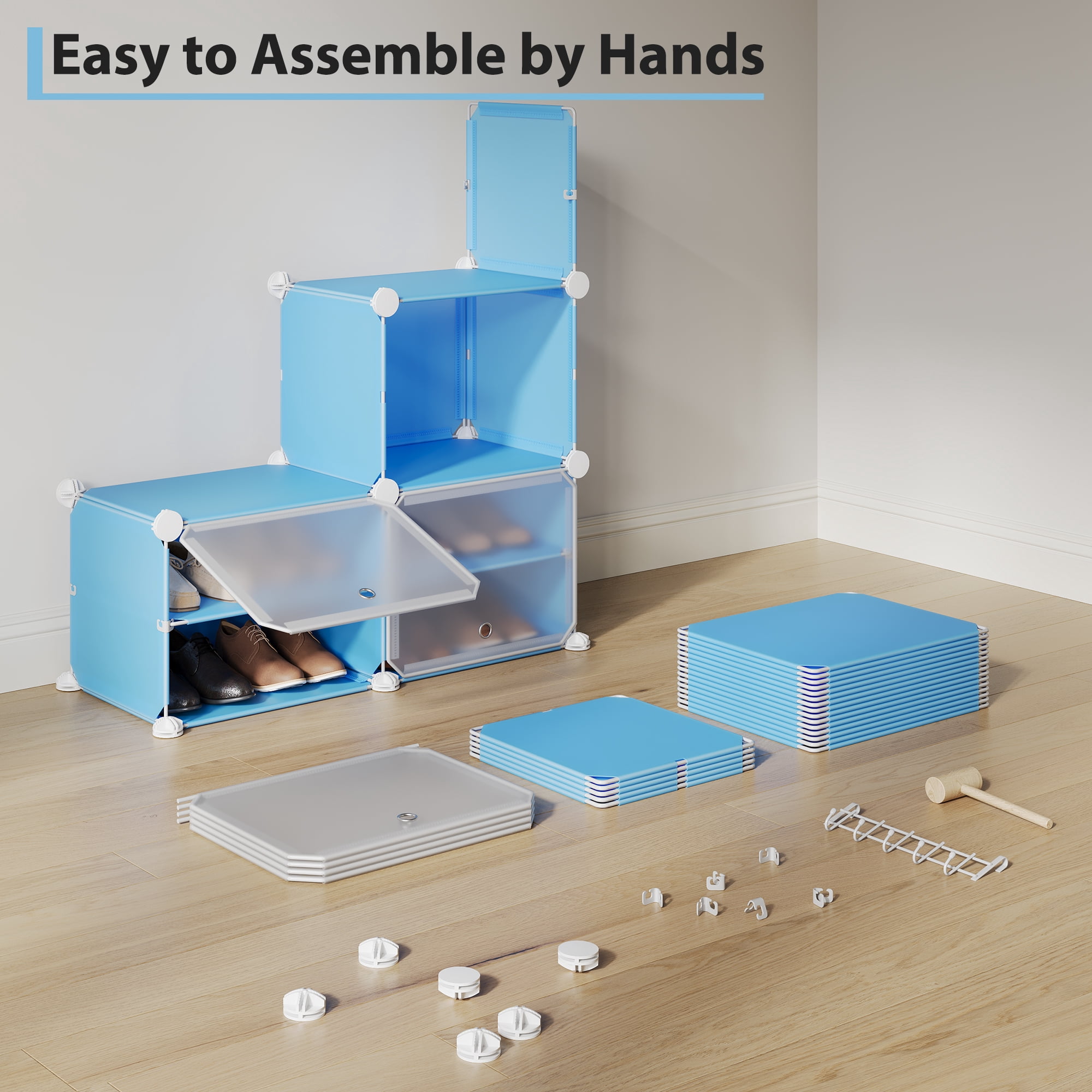 Modular 6-Cube Shoe Storage Cabinet with Doors – 6-Tier Plastic Shoe Organizer – Space-Saving – Easy DIY Assembly – for Entryway, Bedroom, Living Room – Blue