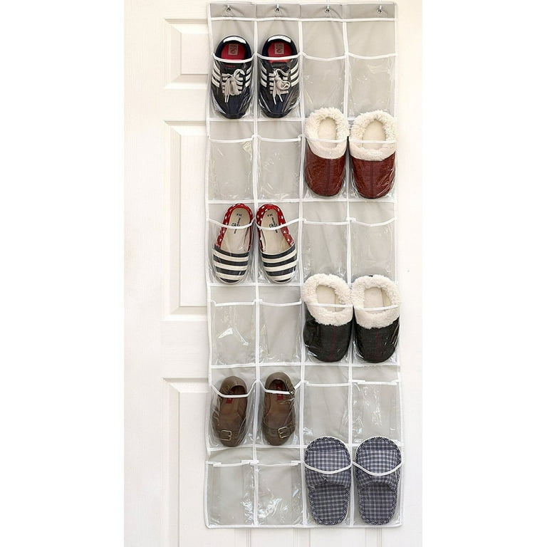 24 Pockets - Simplehouseware Crystal Clear Over The Door Hanging Shoe Organizer, Brown, Gray / 24 Clear Pockets