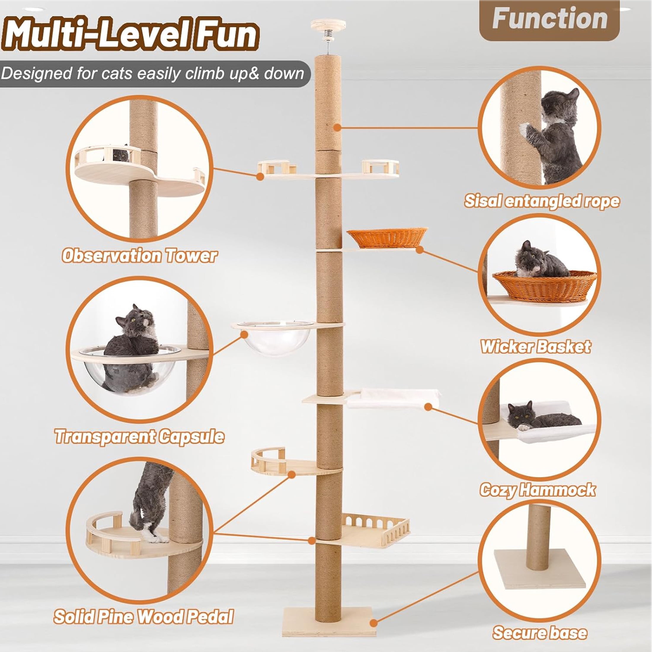 Ealing Floor to Ceiling Cat Tree, Height Adjustable 7-Tier Tower 98-102", Wooden Pet Tree with 7 Sisal Scratching Post for Indoor Cats-