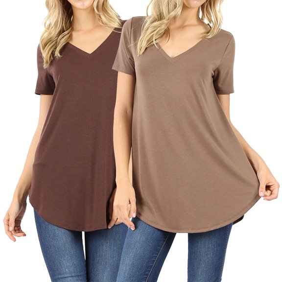 2 Packs of Zenana Women & Plus Short Sleeve V Neck Round Hem Relaxed Fit Casual Tee Shirt Top