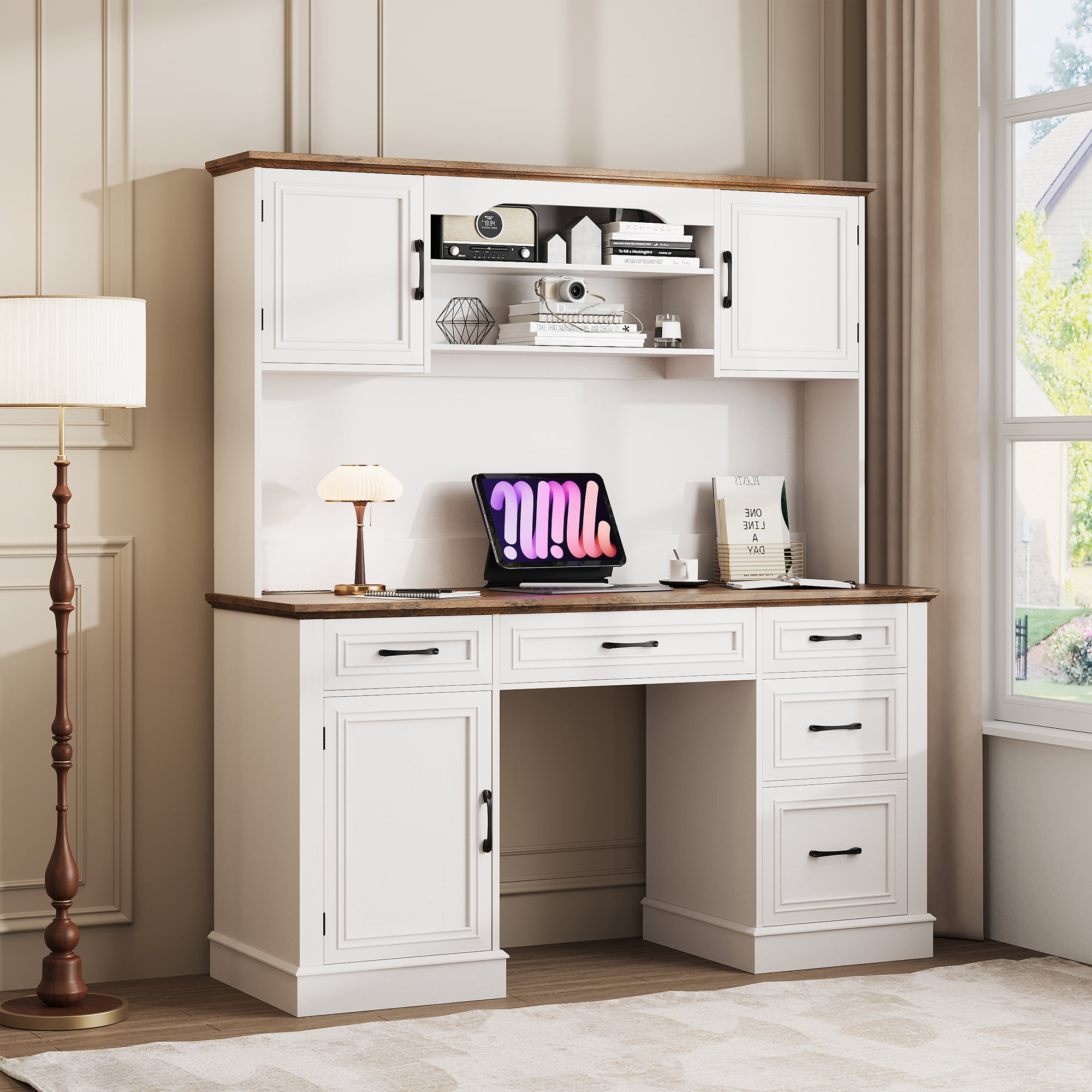 Walker Edison Bromberg Storage Desk with Hutch, Dark Walnut