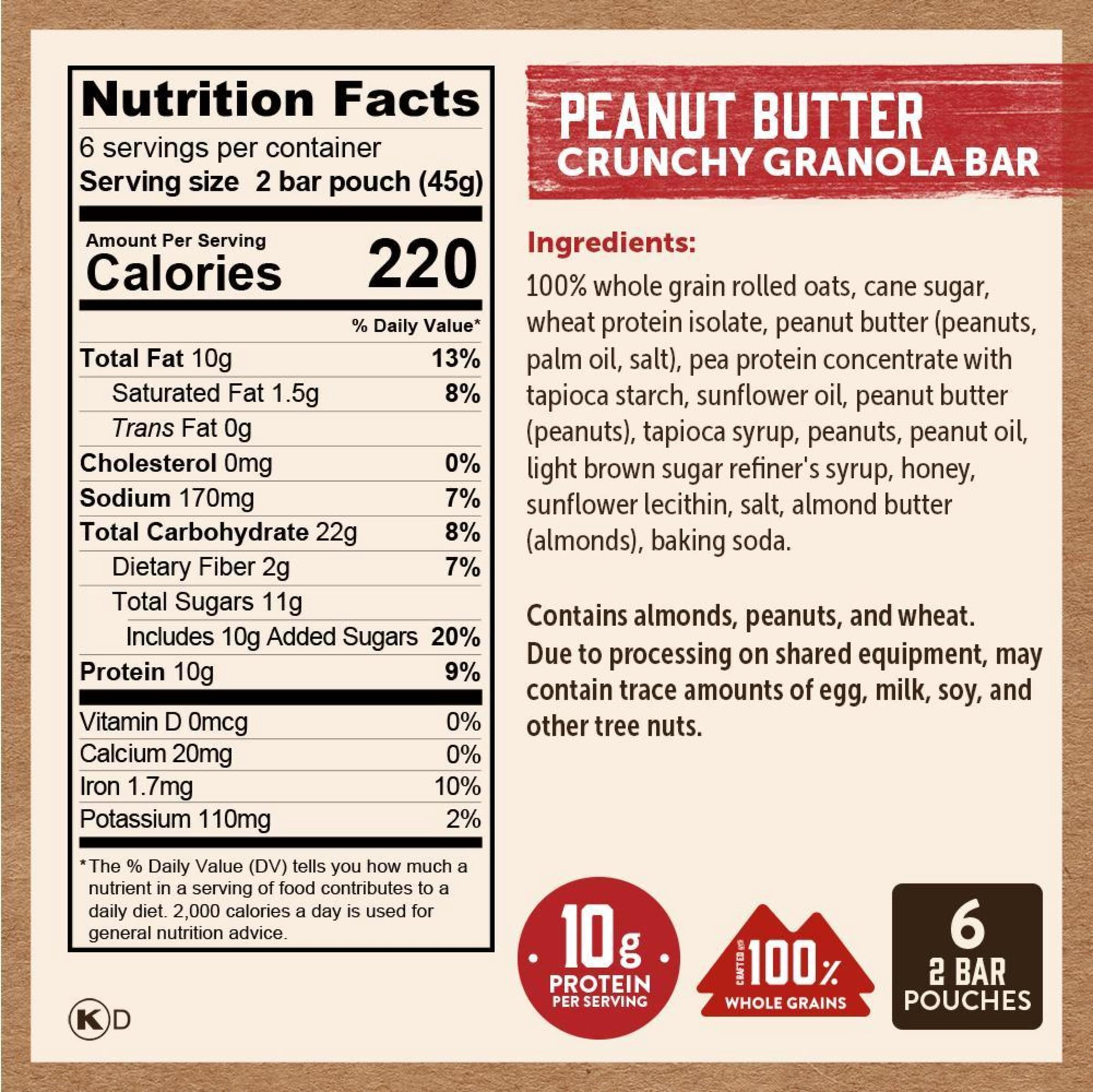 (3 pack) Kodiak Protein-Packed Peanut Butter Crunchy Granola Bars, 1.59 oz, 6 Count Cardboard Box