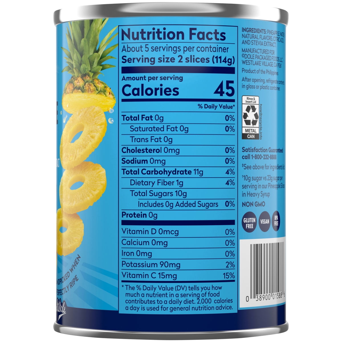 (5 pack) Dole No Sugar Added^ Pineapple Slices in Water^^, 20 oz Can