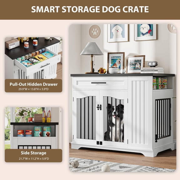 44 Inch Wooden Dog Crate Furniture with Drawer, Side Storage, Feeding Station, for Large Dogs, Gray