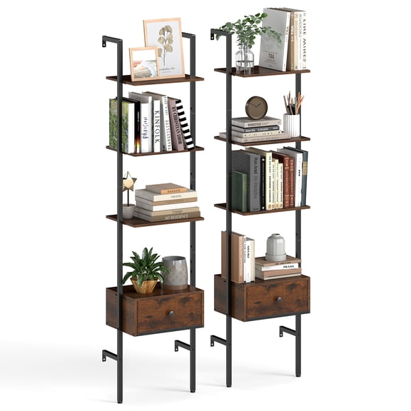 Gymax 2 PCS 5-Tier Bookshelf w/ Drawer 70'' Wall Mount Ladder Bookcase w/ Metal Frame
